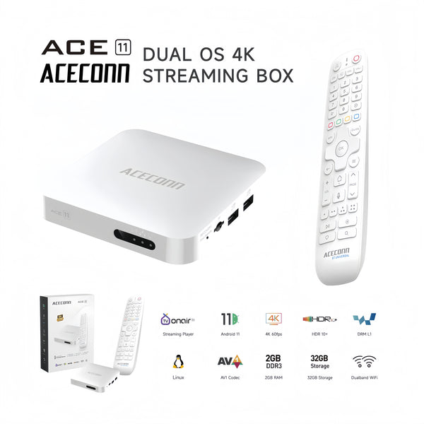 2025 TVPLUS 4K Dual OS(Andriod 11 or Linux ) TV Box ACE11 TVONAIR3+ platform 2GB 32GB BT Remote RCU Auto Learning OTA IPTV app